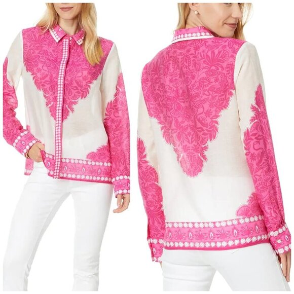 Lilly Pulitzer Passion Fruit Pink Jungle Escape Engineered Woven Top - Picture 1 of 6